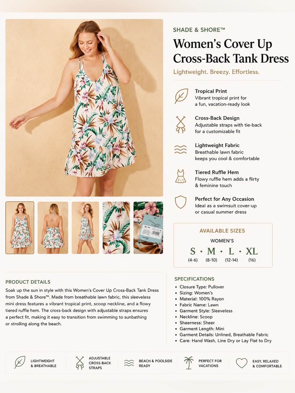 Shade & Shore Floral Tropical Cross-Back Tank Dress in Cream, Green & Pink